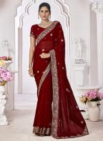 Georgette Maroon Wedding Wear Embroidery Work Saree